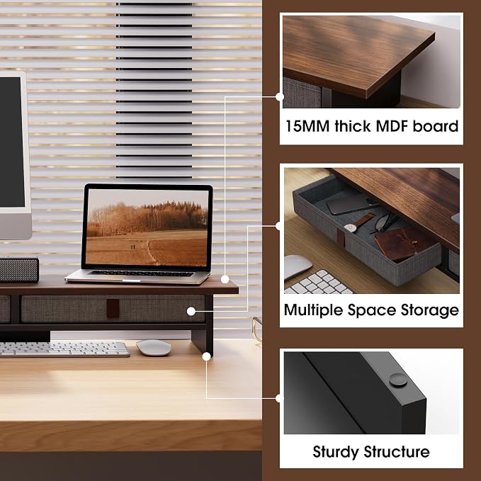 Fenge 35 Inch Monitor Stand with Drawer Storage, Computer Riser for Desk | Wooden Computer Shelf, 2 Tiers, for Dual Monitor/Laptop/PC/TV/Printer up to 55Lbs, Home Office Desk Organizer - Image 3