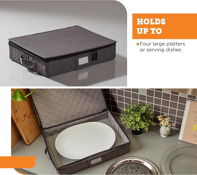 Hard Shell Platter Storage Container | Felt Dividers | Gray | Hard Shell Platter Case Holds 4 Large Serving Platters With Felt Dividers. Dual Zippers, Stackable, Dust-Free. - Image 3