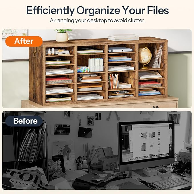 HOOBRO Literature Organizers, 24 Compartments Office Mailbox with Adjustable Shelves, Wood Countertop Literature Sorter for Office, Home, Classroom, Mailrooms Organization Rustic Brown FG64WF01 - Image 6