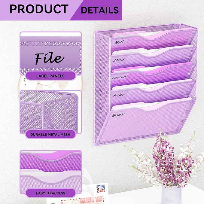 5 Pockets Hanging Wall File Organizer Mail Holder, Wall Mounted Paper Document Folder Holder, Clipboard Storage Organization Magazine Rack, Light Purple - Image 4