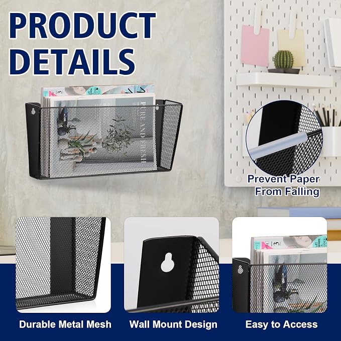 2 Pack Single Pocket Wall File Holder Legal Size Metal Mesh Hanging File Folder Paper Organizer Black Wall Mounted Mail Organizer Magazine Rack for Office Home School 15.7" L x6.9 Wx3.4 H - Image 3
