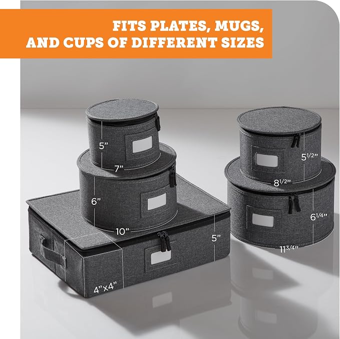 5-Piece Premium China Storage Set | Plates & Mugs | Gray | Full China Set For 12 - 4 Plate Cases + Mug Case, Flip-Top Lid. Hard Shell, Felt Dividers, Stackable, Easy Access. - Image 7