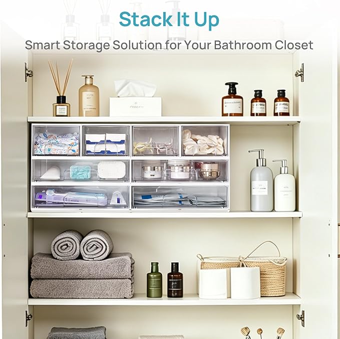 Vtopmart White Stackable Storage Drawers, 2 Pack Wide Organizers | Pull-Out Drawers, Stackable Design for Makeup Palettes, Cosmetics, Beauty Supplies, Vanity, Cabinet and Desk - Image 6