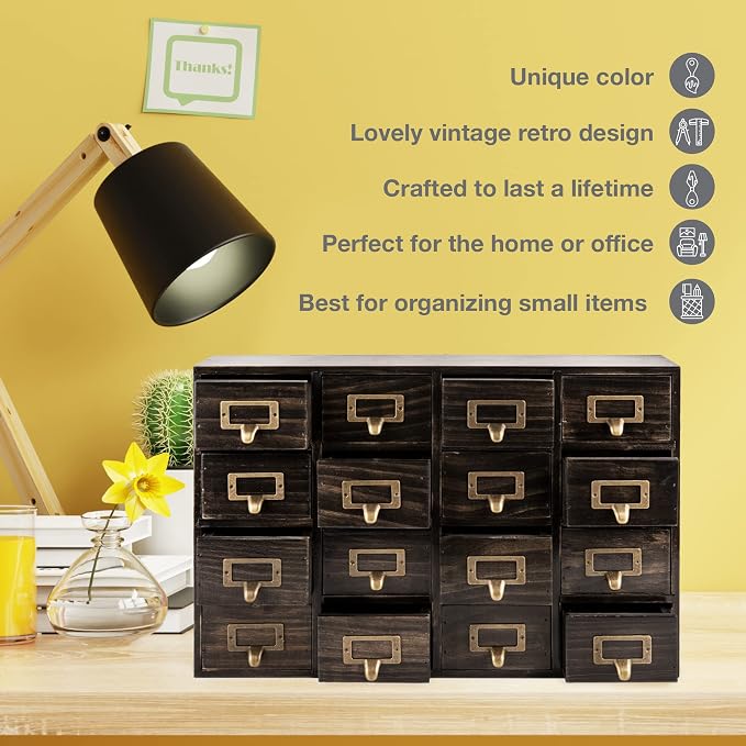 Dark Ash 16-Drawer Card Catalog Artisan Drawer Chest - 20"x3.6"x14" - Desktop Apothecary Crafted in Solid Wood, Curating Timeless Order - A 4-Tiered Storage with Label Holders & Handles for Your Table - Image 8