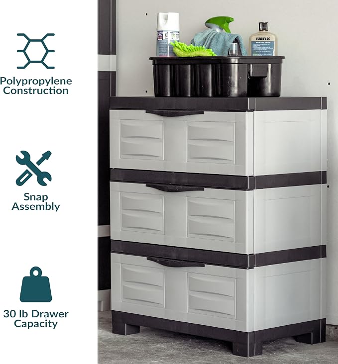 Sunnydaze 29.5" 3-Tier Heavy Duty Garage Storage Drawers, Gray | Easy-Clean Plastic Storage Cabinet with Drawers, Includes Anti-Tip Kit, Fully Assembled for Garage, Laundry Room, Office - Image 5