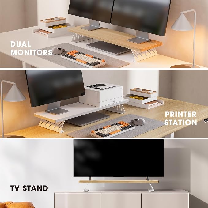 Fenge Monitor Stand Riser, Wooden & Metal Desk Shelf Organizer, Oak | 31.5in Computer Stand, Single Monitor Setup, for Compact Work Station, Multifunctional Monitor Shelf for Laptop, PC, Printer - Image 7