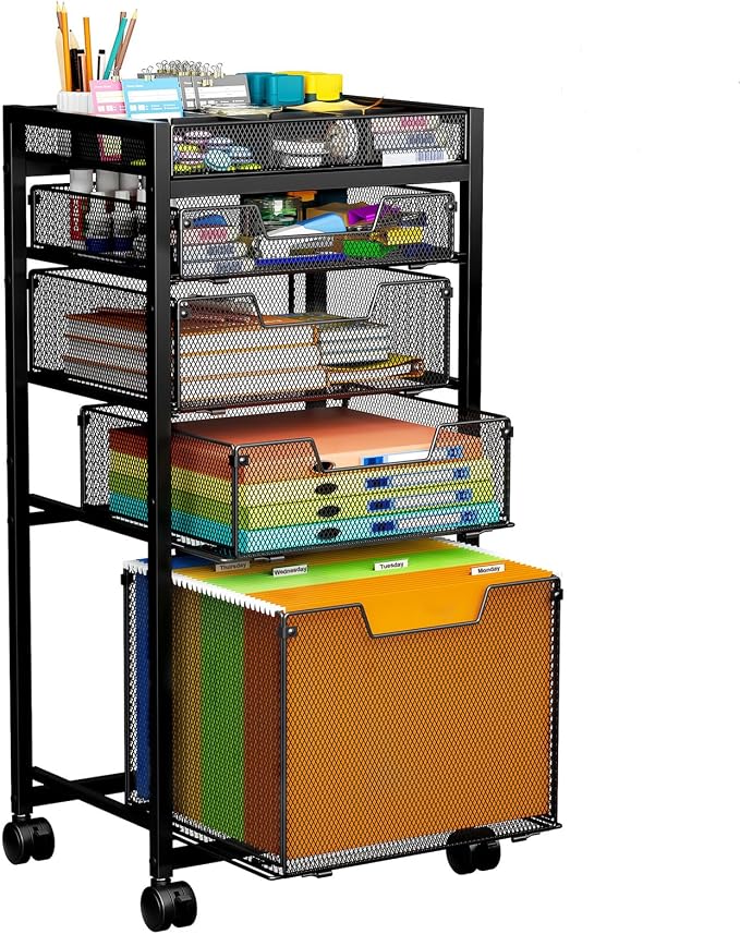 Rolling File Cart with 4 Storage Drawers, Under Desk Organizer with DIY Divider, Moblie Filing Cabinet on Wheels, Fits A4/Letter Size, Metal Utility Cart for Home Office, Black by JKsmart