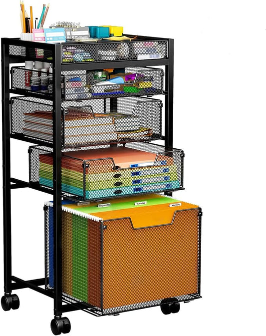 Rolling File Cart with 4 Storage Drawers, Under Desk Organizer with DIY Divider, Moblie Filing Cabinet on Wheels, Fits A4/Letter Size, Metal Utility Cart for Home Office, Black by JKsmart