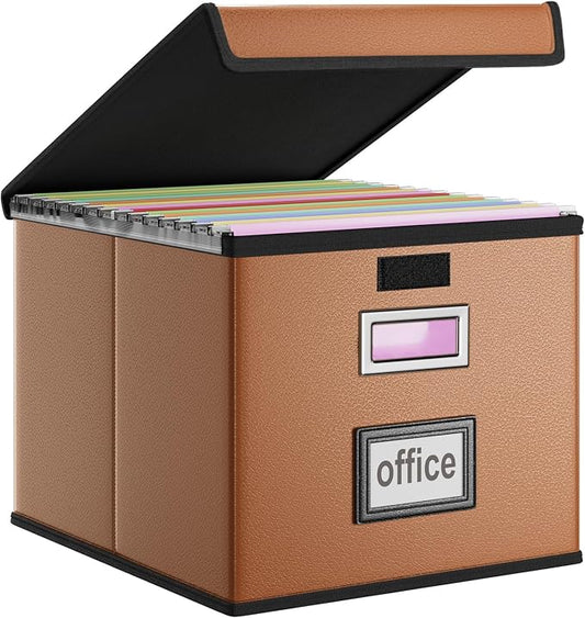 File Organizer Box with Lids, Collapsible File Folder Organizer | File Box with Plastic Slides for Document, Filing Bin for Letter Size Hanging File Folders (1 Pack, Caramel, Leather) by Huolewa
