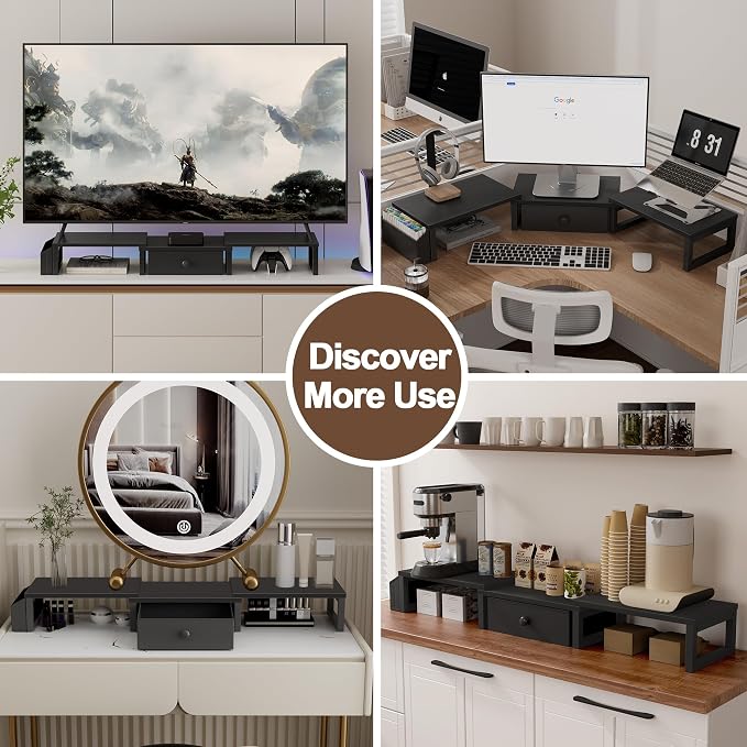 LAND·VOI Dual Monitor Stand with Drawer and Side Pockets, Monitor Riser for Desk, Home Office Desk Storage, Multi-Scenario Adaptation for Work and Entertainment, Black, HMS02BK - Image 8