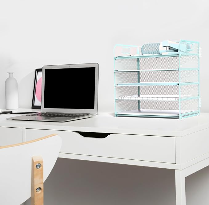 Letter Tray Paper Organizer 5-Tier Desk Organizer File Organizer Paper Holder with Handle, Metal Desktop Document Shelf Tray Office Classroom Organization - Blue - Image 4
