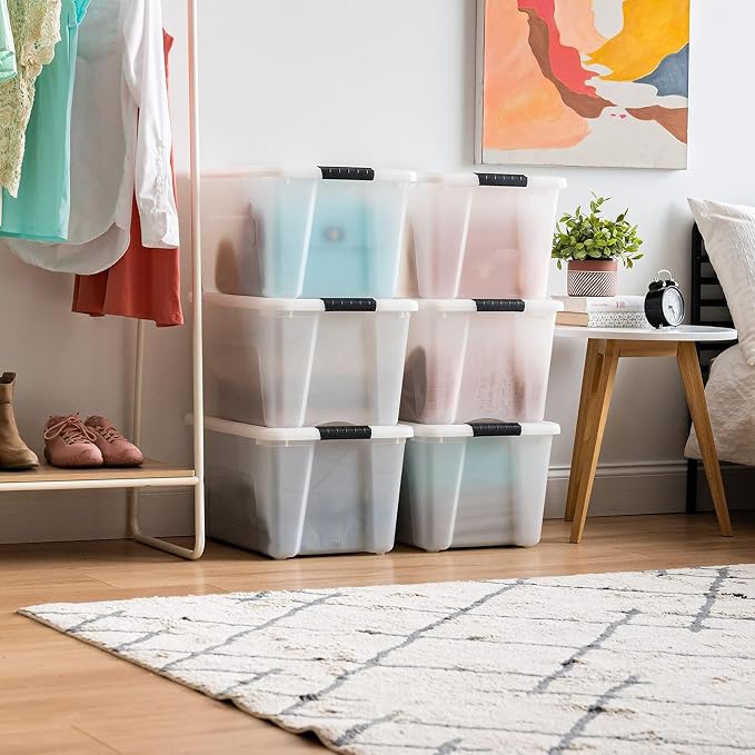 IRIS USA 6-Pack 40 Quart Storage Bins with Lids, Pearl | Conceals contents for a clean look. Perfect for moving, blankets, clothing, and garage storage. Nestable design saves space - Image 2