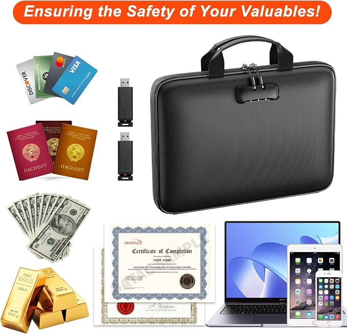 Fireproof File Organizer with Lock, Hard-Shell Document Box, Black | Water Resistant, 13-Pocket Expanding Folder, Portable Safe Storage for Letter Legal Files, Laptop, Valuables, Large Capacity - Image 4