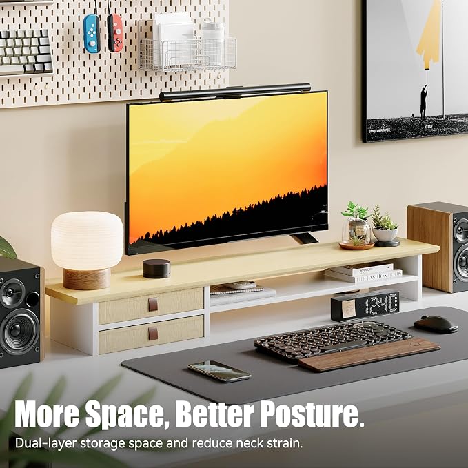 FENSULN Dual‑Tier Monitor Stand Riser with Drawers, Desktop Organizer Shelf Storage for Computer Screen 2 Monitors, Supports for PC Computer Monitor, Printer, Heavy TV Riser Beige and White - Image 2