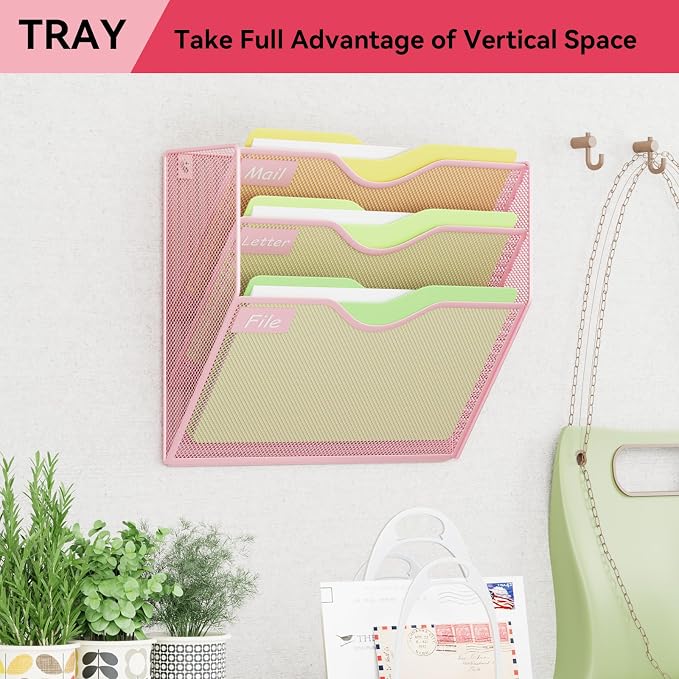 3 Pockets Hanging Wall File Organizer Mail Holder, Wall Mounted Paper Document Folder Holder, Clipboard Storage Organization Magazine Rack, Pink - Image 7