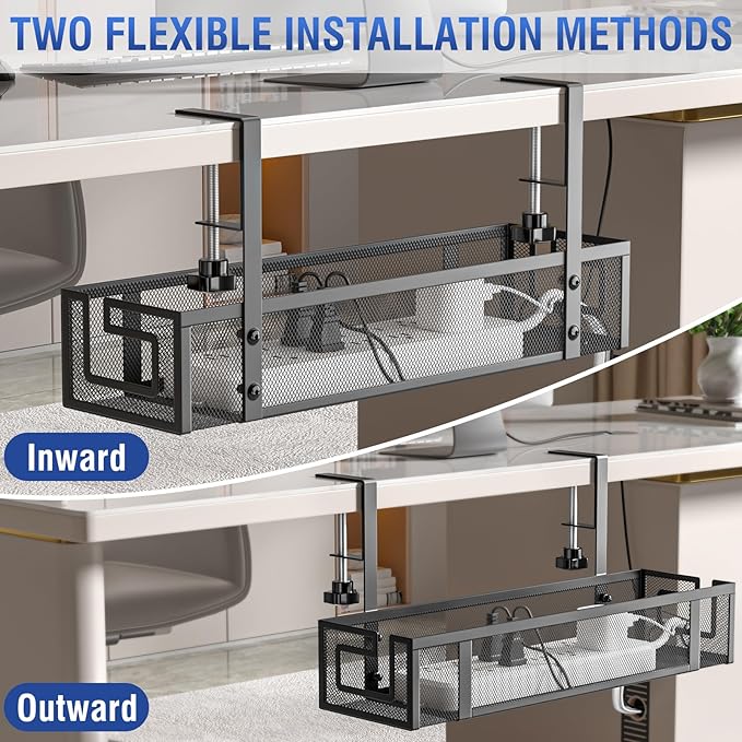 Cable Management, 15.75" Under Desk Cable Management Tray No Drill | Heavy Duty Metal Cord Organizer, Under Desk Wire Management for Gaming/Standing Desk, Clamp for Home Office, 2 Pack, Black - Image 7