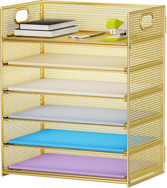 Marbrasse Paper Letter Tray Organizer - 6 Tier Mesh File Organizer with Handle, Paper Sorter Organizer for Letter/A4 Office File Folder Holder - Gold by Marbrasse