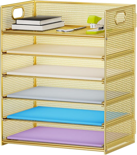 Marbrasse Paper Letter Tray Organizer - 6 Tier Mesh File Organizer with Handle, Paper Sorter Organizer for Letter/A4 Office File Folder Holder - Gold by Marbrasse