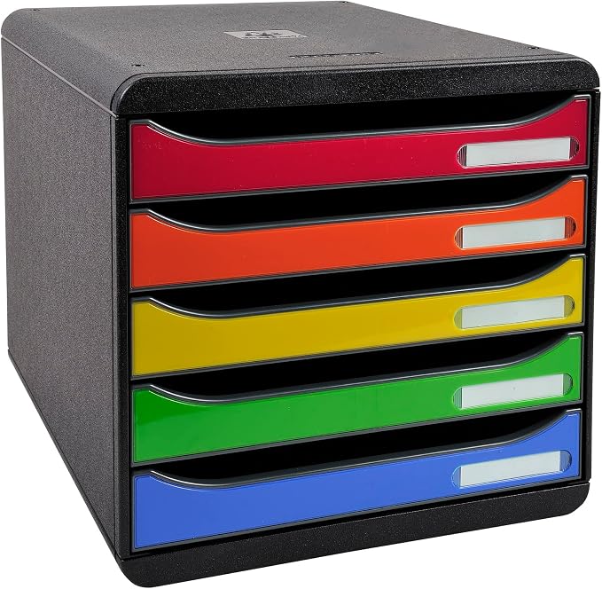 Exacompta - Ref 3097298D - BIG-BOX PLUS Desktop Drawer Set - 5 x 43mm Drawers, Suitable for A4+ Documents, 347 x 278 x 271mm, 100% Recycled Plastic - Black/Glossy Harlequin by +Office+Supplies