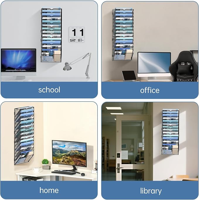 14-Tier Wall File Organizer and Hanging File Organizer, Black, 2Pack | Wall Organizer and Wall Mounted File Holder with 14 Pockets and Label Panels for Files, Mail, Folders, Magazines and Paper - Image 3