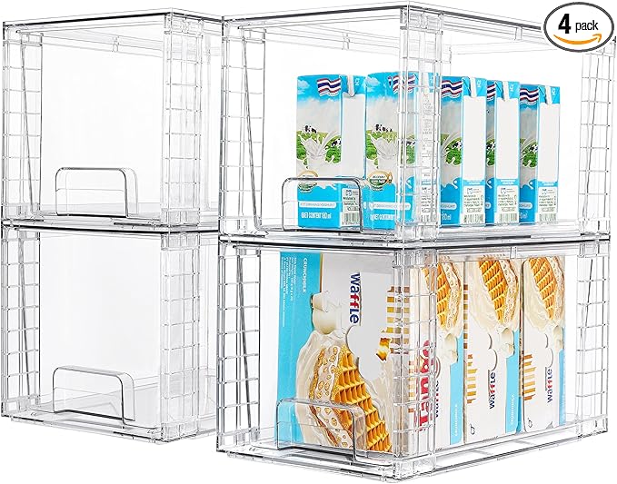 Vtopmart 4 Pack Stackable Clear Pantry Storage Drawers, Large | Large Clear Drawers with Handles. Stackable, Easy to Assemble, Non-slip and Sturdy for Pantry, Kitchen, Cabinet & Bathroom. by Vtopmart