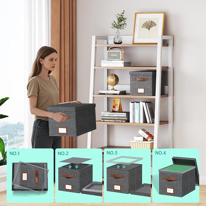 File Organizer Box with Lid File Box for Hanging Decorative File Organizer with One-Piece Integrated Plastic Slide Rail(Grey, 13.2x10.1x10.1inch(2pack)) - Image 3