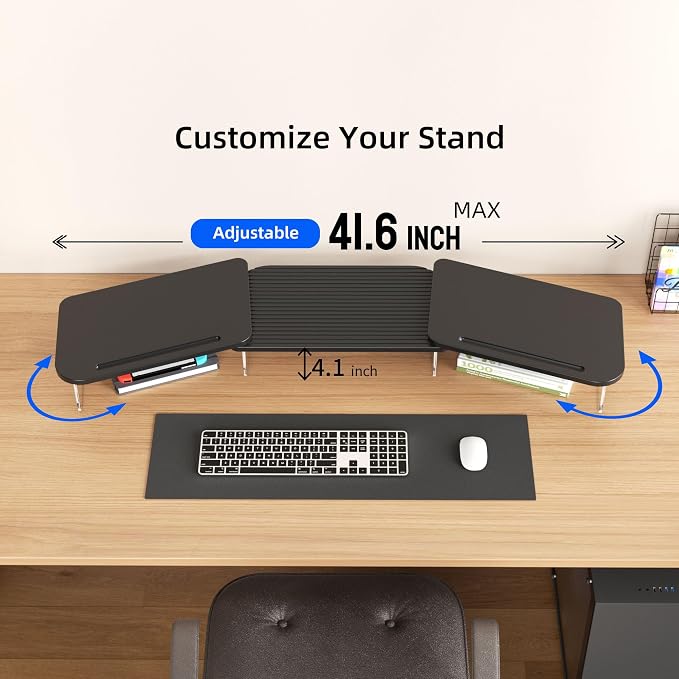 AFOOYO LED Dual Monitor Stand Riser for 2 Monitors,Office Desktop Wooden Stand Adjustable Length and Angle 3 Shelf,Extra Long Multifunctional Stand up to 39.3" for Computer,Laptop,TV,Black - Image 7
