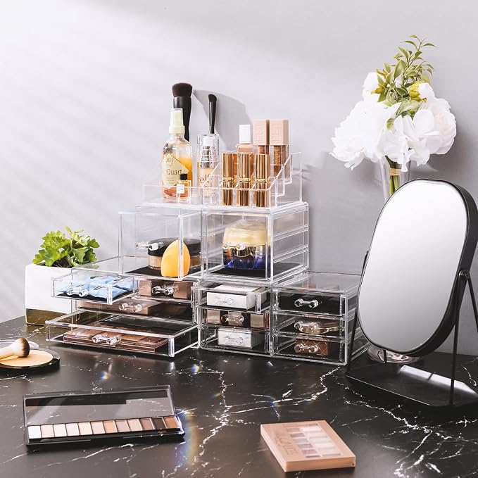 Sorbus Large Makeup Organizer - Clear Stackable Jewelry Makeup Organizer for Vanity, Bathroom Storage Display Case - 12 Drawers Cosmetic Beauty Organizers and Storage with Lipstick Makeup Brush Holder - Image 4