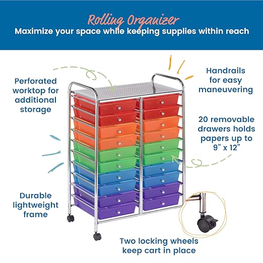 ECR4Kids 20-Drawer Everyday Mobile Storage Utility Cart, Craft Organizer, Assorted - Image 4