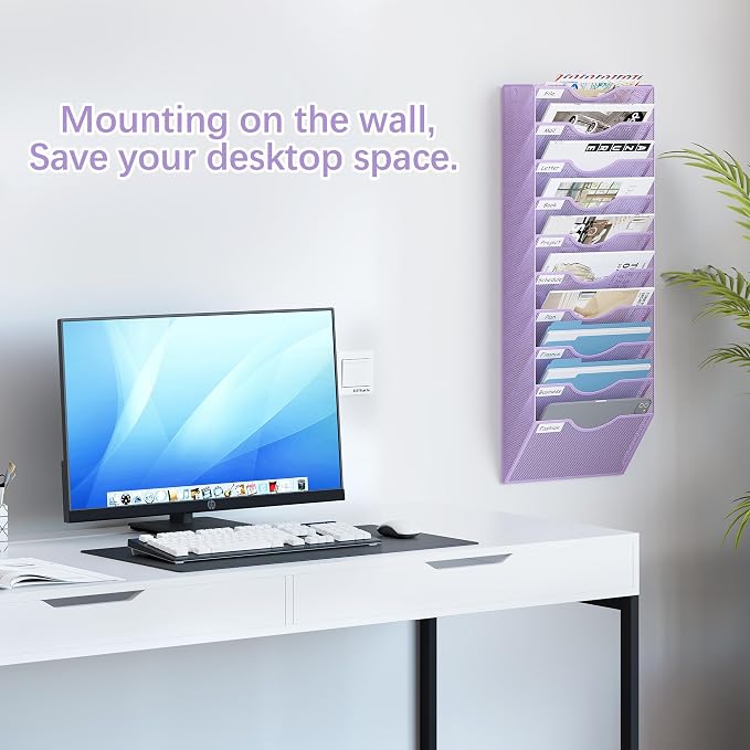 EasyPAG 10 Pocket Mesh Wall File Organizer, Hanging Paper Folder Holder with Classify Label, Vertical Wall Mount Mail Organizer for Office Home Classroom, Purple - Image 2