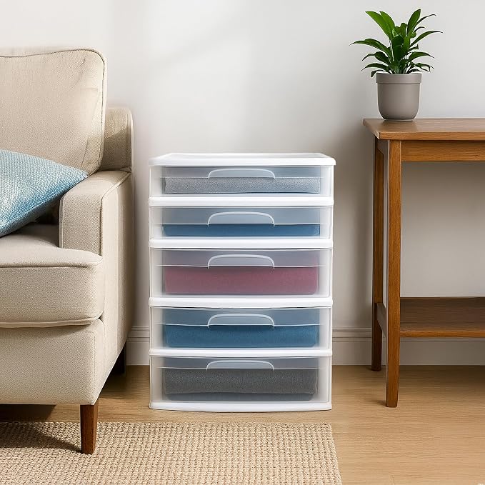 HOMZ Drawer Tower, 5-Tier Storage Cart with Removable Wheels, White Frame | Extra-Wide Plastic Organizer with Clear Bin Drawers for Bedroom, Bathroom, Home Office, and Dorm Rooms - Image 9