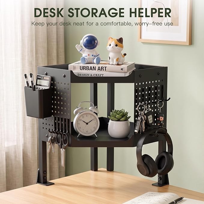 2-Tier Metal Clamp On Desk Shelf, Desk Organizer with 2 Pegboards and Hooks | Heavy Duty Corner Desk Shelf with Removable Pegboards Headphone Holder Pencil Cup and Hooks for Desk organizers Accessories - Image 3