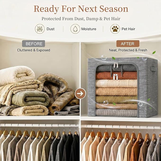 GoMaihe Blanket Storage Bins with Metal Frame for Closet, 55L 6-Pack Grey | Clothing Bedding Winter Coat Comforters , Closet Top Shelf, Collapse-Proof Stackable, See Through, Dual Access Space Saving - Image 6
