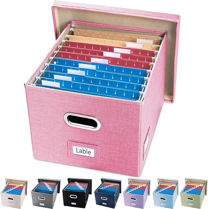 File Organizer Box - Set of 1 Collapsible Decorative Linen Filing Storage Hanging File Folders with Lids Office Cabinet Letter/Legal Pink (17x14x11.2 inch) by Prandom