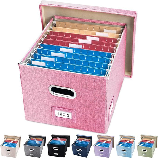 File Organizer Box - Set of 1 Collapsible Decorative Linen Filing Storage Hanging File Folders with Lids Office Cabinet Letter/Legal Pink (17x14x11.2 inch) by Prandom