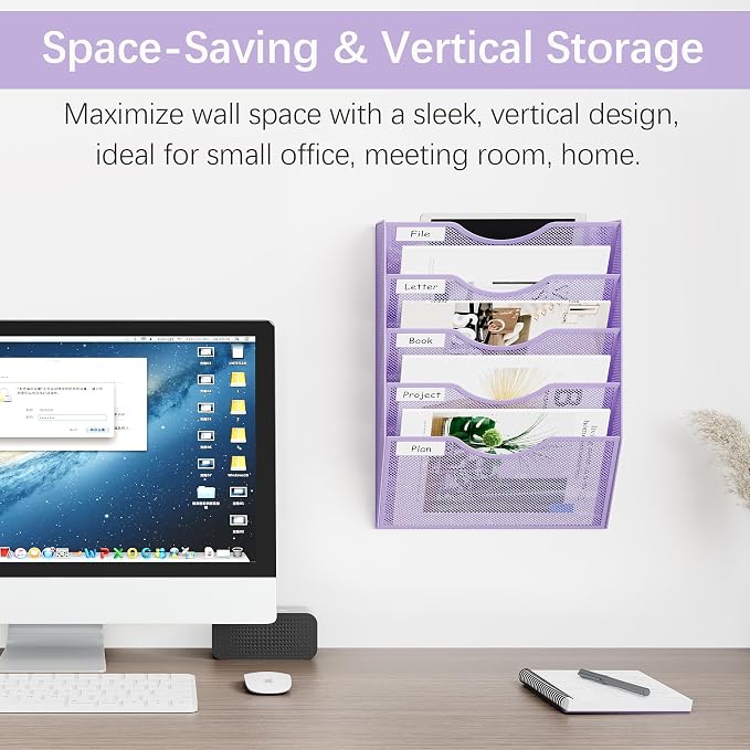 EasyPAG Wall File Organizer 5 Tier Hanging Paper Folder Holder, Zero Assembly Metal Mesh Wall Mounted Mail Organizer for Office Home Classroom Narrow Spaces, Puple - Image 2