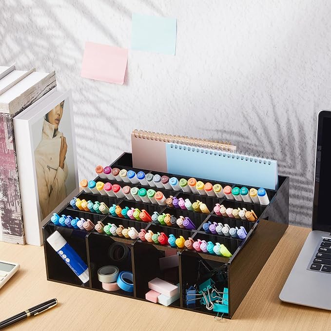 MotiMind Acrylic Pen Organizer Storage for 250 Markers Vertical Marker Organizer Acrylic Pen Display Holder for Office Desk Desktop Stationery Pencil Storage, Black, 13 x 4 x 12.4 Inch - Image 5