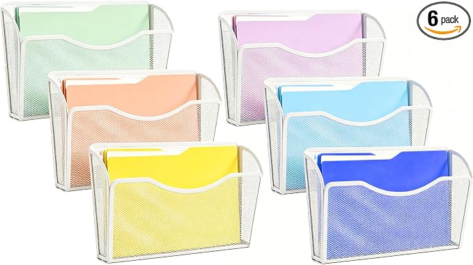 Gawerk Mesh Hanging Wall File Holders, Metal Vertical Wall Basket Mail Organizer for Office/Home (White, 6 Pack Wall Mounted) by Gawerk