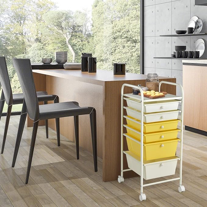 COSTWAY 6-Drawer Rolling Storage Cart, Art Craft Tools Organizer on Wheels | Multifunctional Heavy Duty Utility Mobile Storage Trolley w/ 2 Lockable Wheels for Home Office School (Yellow, Beige & Grey) - Image 9