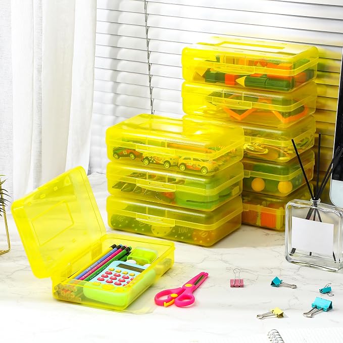 Leelosp 12 Pack Clear Pencil Boxes for School Bulk, Large Plastic Pencil Case with Lid, Stackable Hard Crayon Storage Box for Classroom Kids, Desk Drawer Organizer for Office Home(Yellow) - Image 4