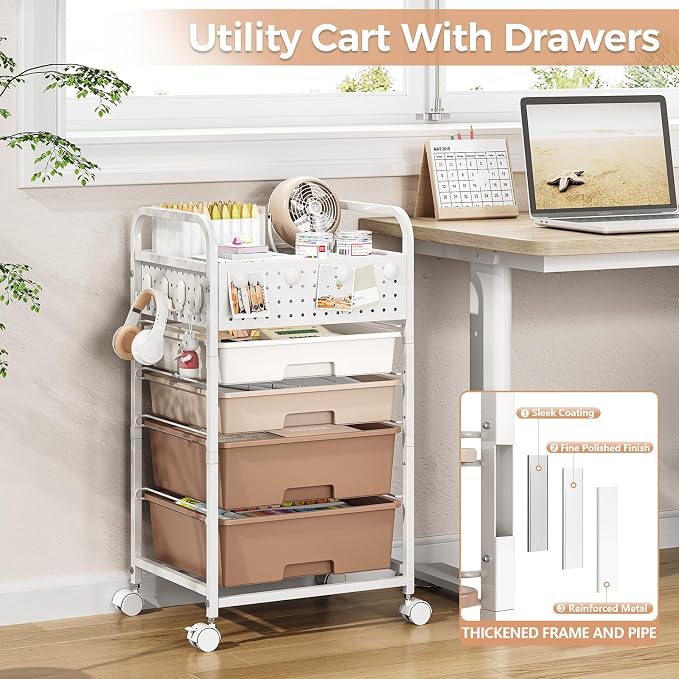 4 Drawer Rolling Storage Cart with Pegboard Top and Hooks, Brown | Mobile Organizer Cart with Wheels for Office Supplies, Craft Storage, Classroom Organization, Home Utility Cart - Image 6