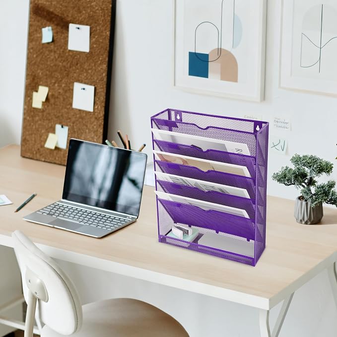 6 Tier Mesh Hanging Wall File Organizer, Desk Vertical Mail Paper Document Folder Holder Rack with Bottom Tray and Nametag Label for Office Home School, Purple - Image 5