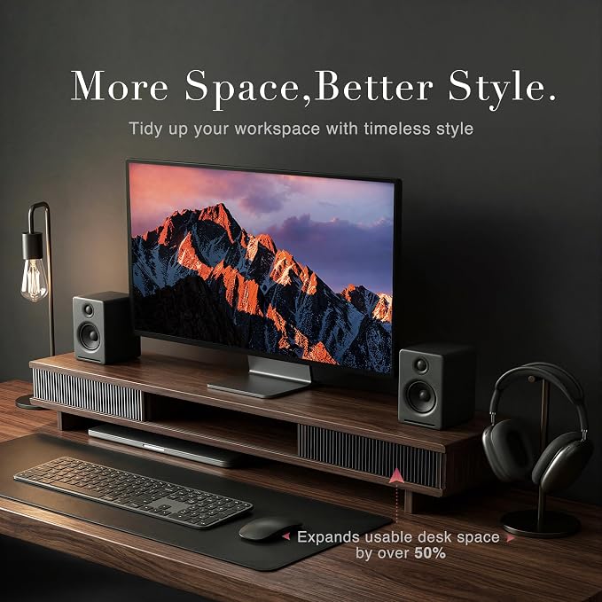 Dual Monitor Stand Riser with Storage Drawer for Desk Organization | Fits Dual 32" Monitors, Walnut Finish, Hidden Storage, Ergonomic Height, Holds 110lbs, No Flex, Quick Setup - Image 3