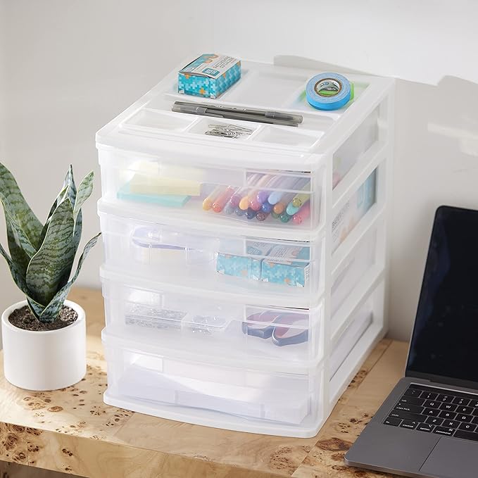 Gracious Living Drawer Organizer, 4-Tier Plastic Storage Desktop Drawers, White Frame - Stackable Clear Desk Containers & Organizers for Shelves, Bathroom, Closet, Kitchen Pantry & Office Organization - Image 2