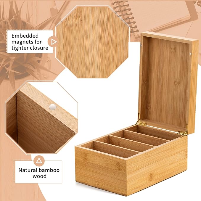 4 x 6 Inch Index Card Holder Set, Bamboo Organizer Box with 50 Dividers & 2 Sheets Alphabet Number Stickers File Note Holders, Holds 1200 Cards for Office Business Home Kitchen, Wooden Color - Image 3