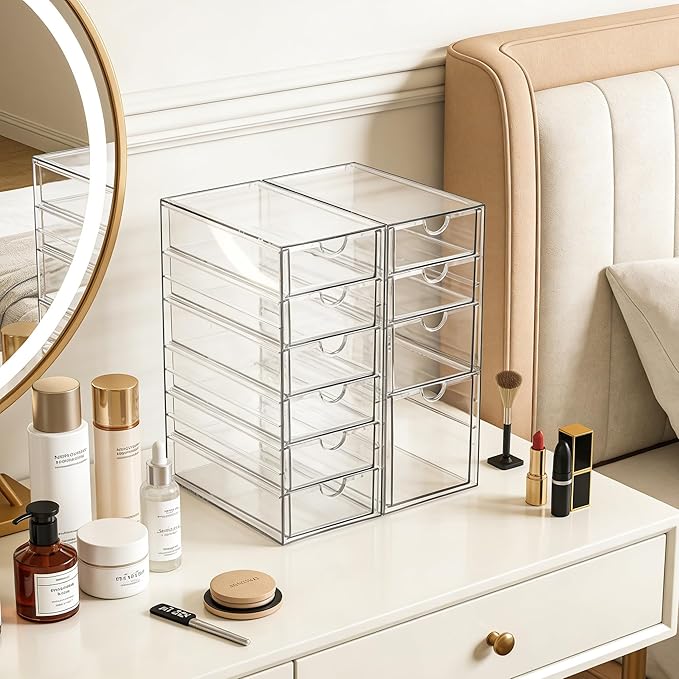 Prsildan Hair Accessories Organizer Acrylic Drawer with 10 Drawers | Clear, Craft Art Supply Storage, For Office Desk Bathroom Vanity Countertop, Set of 2 - Image 5