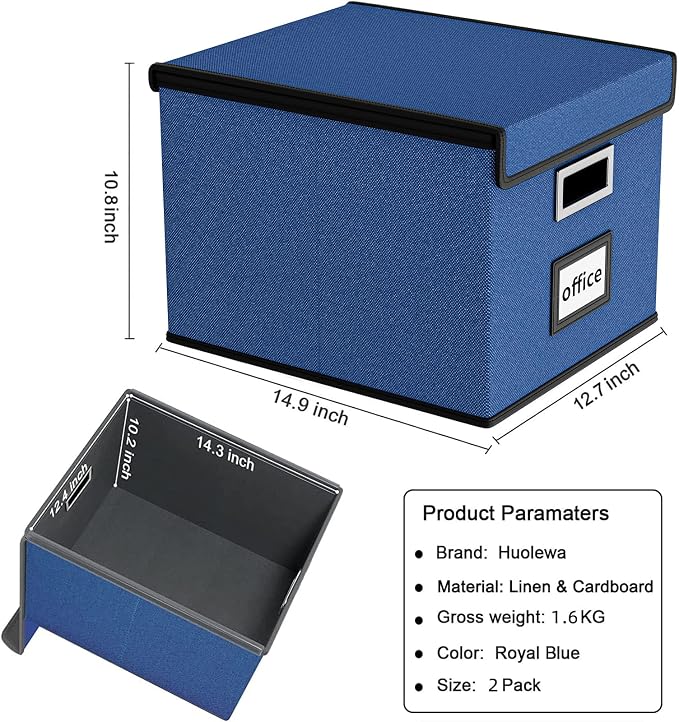 File Organizer Box with Lids, Collapsible File Folder Organizer | File Box with Plastic Slides for Document, Filing Bin for Letter Size Hanging File Folders (2 Pack, Royal Blue) - Image 6