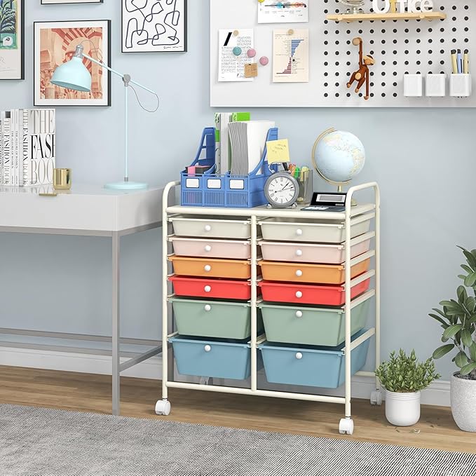 COSTWAY 12-Drawer Rolling Storage Cart, Moveable Art Craft Organizer | Lockable Wheels, Metal Shelf, Files Arrangement Tools Makeup Storage Cart for Office, Home, School (Macaron) - Image 9