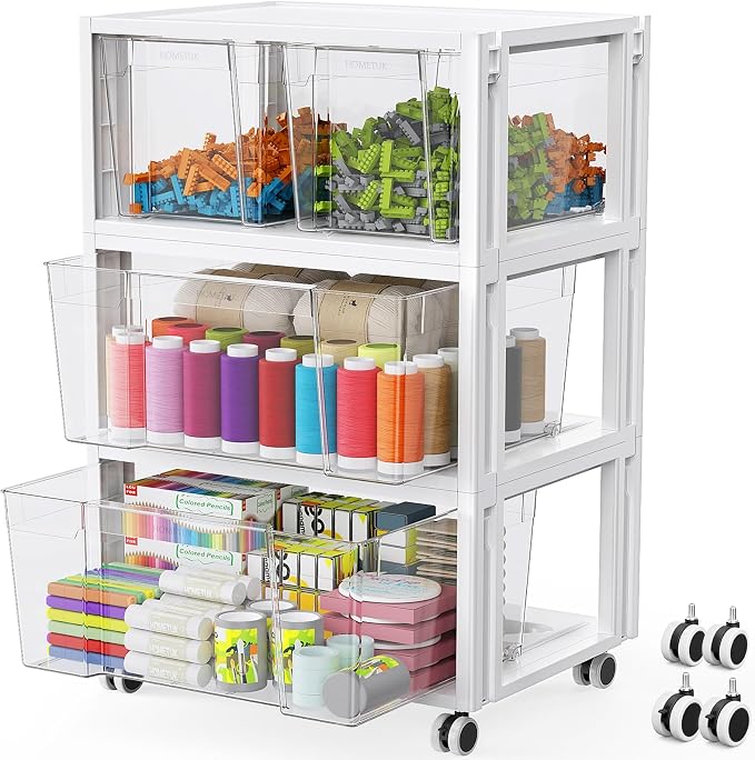 Stackable Storage Drawer Carts, Extra Large Bins 3 Tier 4 Drawers | Smooth Pull-Out Drawers, Clear Plastic Storage Organizer Container For Home Office Bedroom Bathroom Art Crafts Under Desk by HOMETUK