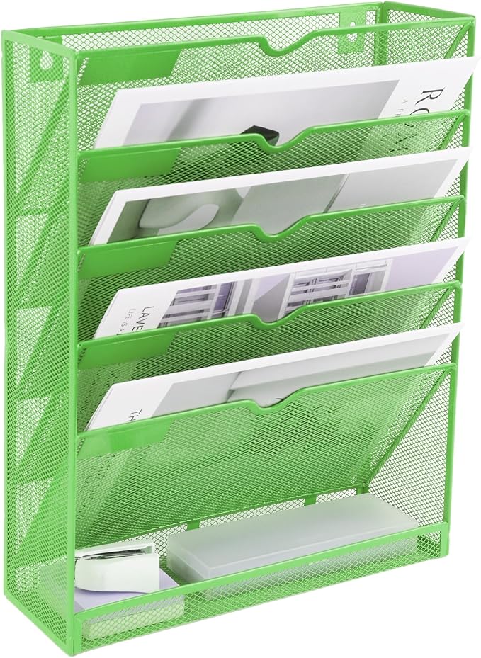 6 Tier Mesh Hanging Wall File Organizer, Desk Vertical Mail Paper Document Folder Holder Rack with Bottom Tray and Nametag Label for Office Home School, Green - Image 8